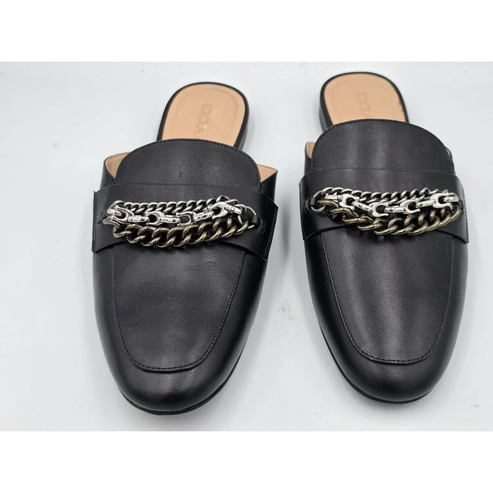 Coach Faye Loafer Chain Black Leather Mules Shoes Size 8.5 - Picture 2 of 6